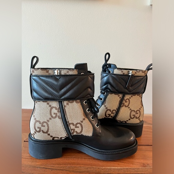 Gucci Logo EU 36 Print Canvas & Leather Combat Boots Booties - Picture 6 of 16